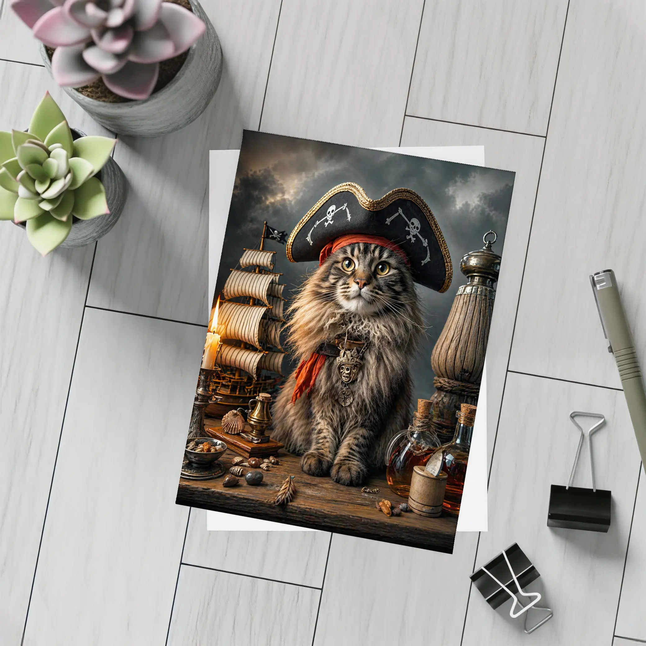 Pirate Maine Coon Cat Ship Dark Background – Postcards