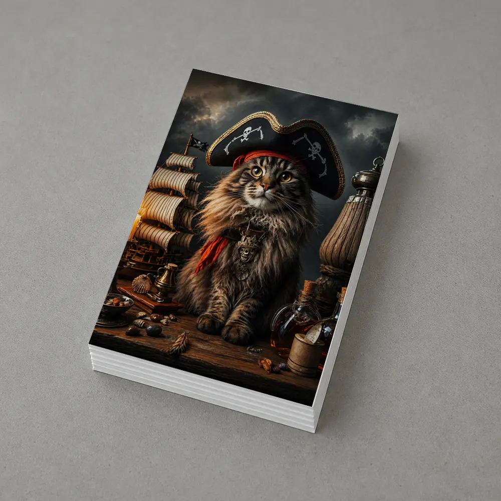 Pirate Maine Coon Cat Ship Dark Background – Postcards
