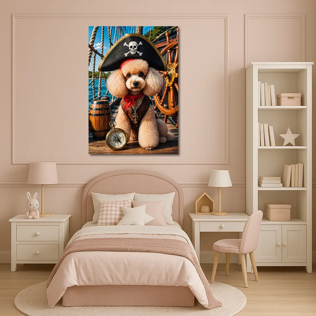 Pirate Poodle Captain on Wooden Ship Deck – Wall Art