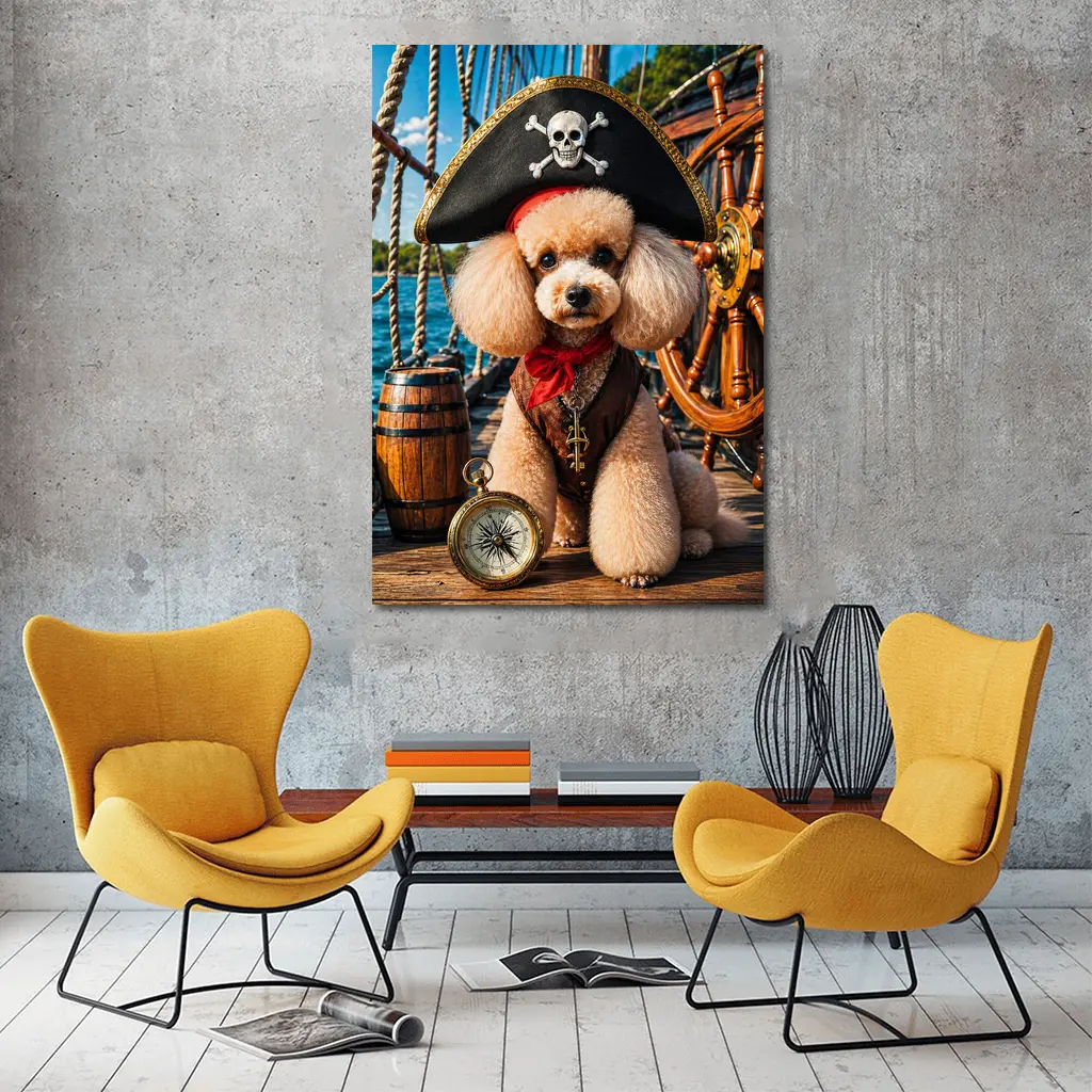 Pirate Poodle Captain on Wooden Ship Deck – Wall Art