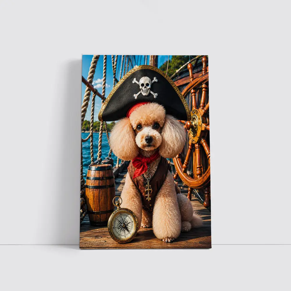 Pirate Poodle Captain on Wooden Ship Deck – Wall Art