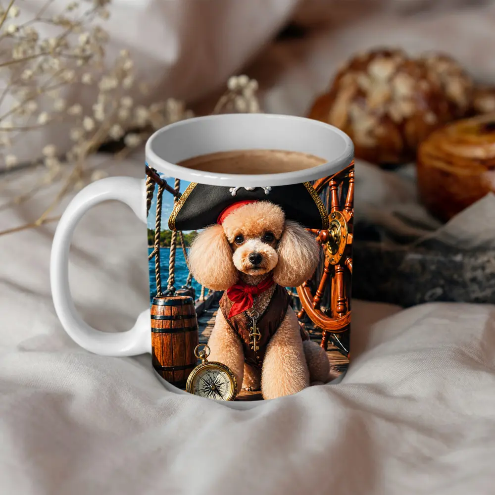 Pirate Poodle Captain on Wooden Ship Deck – Mugs