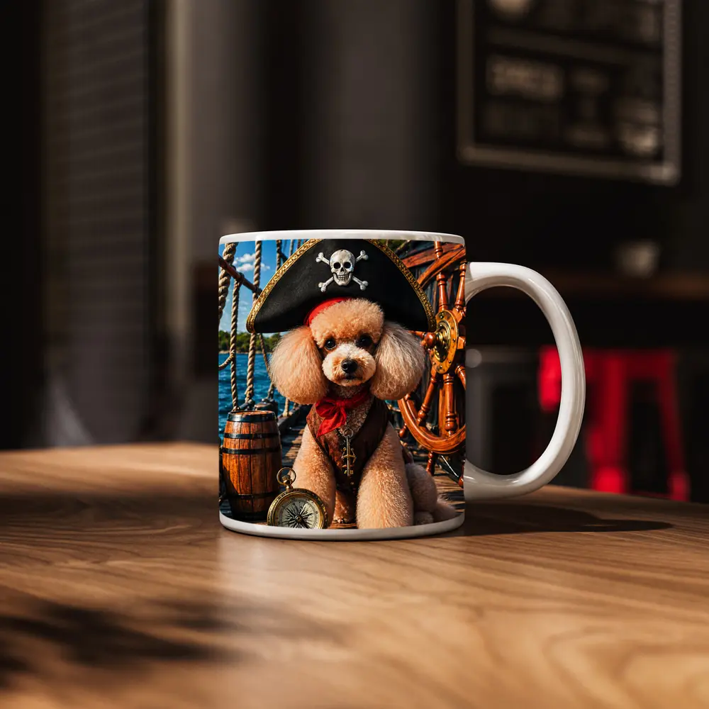 Pirate Poodle Captain on Wooden Ship Deck – Mugs