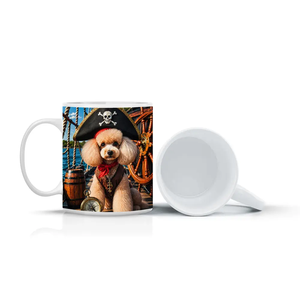 Pirate Poodle Captain on Wooden Ship Deck – Mugs