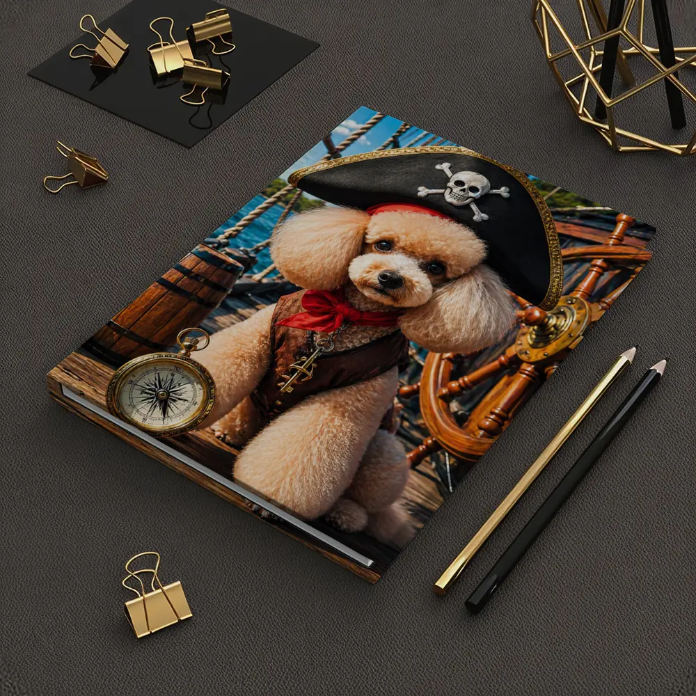 Pirate Poodle Captain on Wooden Ship Deck – Notebooks
