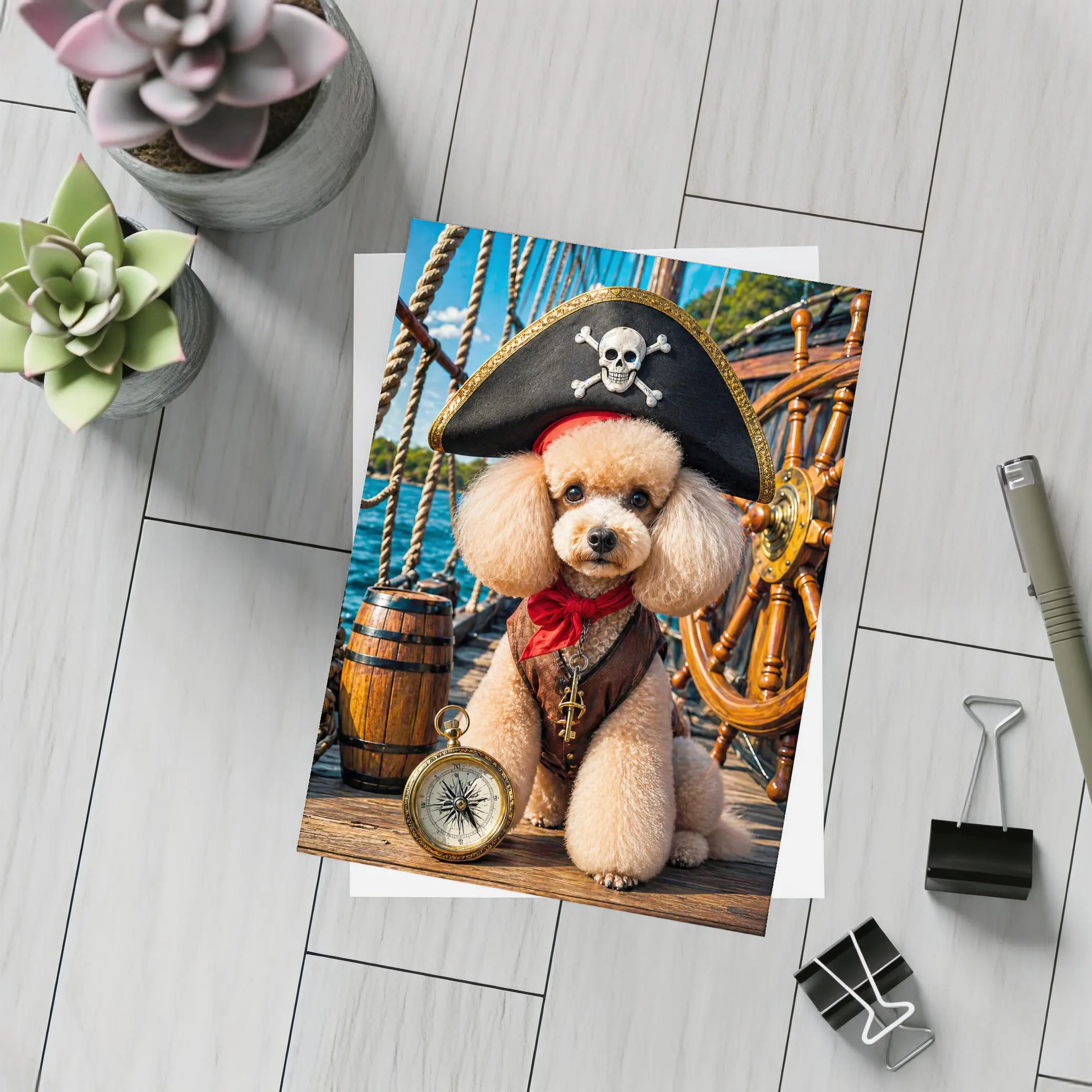 Pirate Poodle Captain on Wooden Ship Deck – Postcards