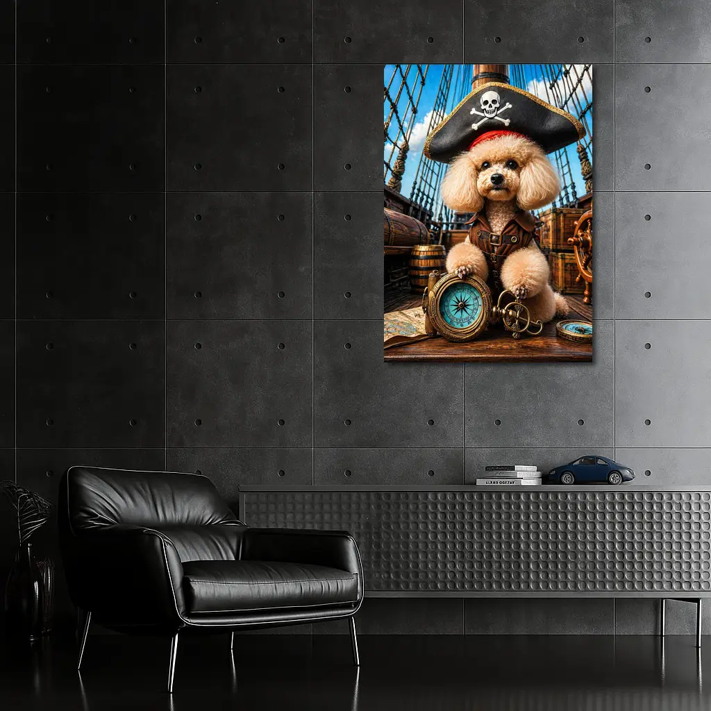 Pirate Poodle Captain on Wooden Ship – Wall Art