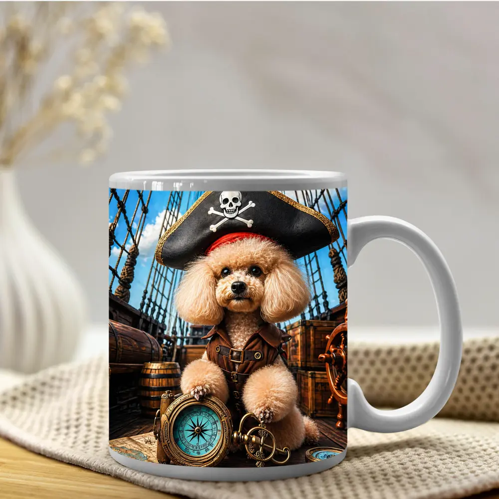 Pirate Poodle Captain on Wooden Ship – Mugs