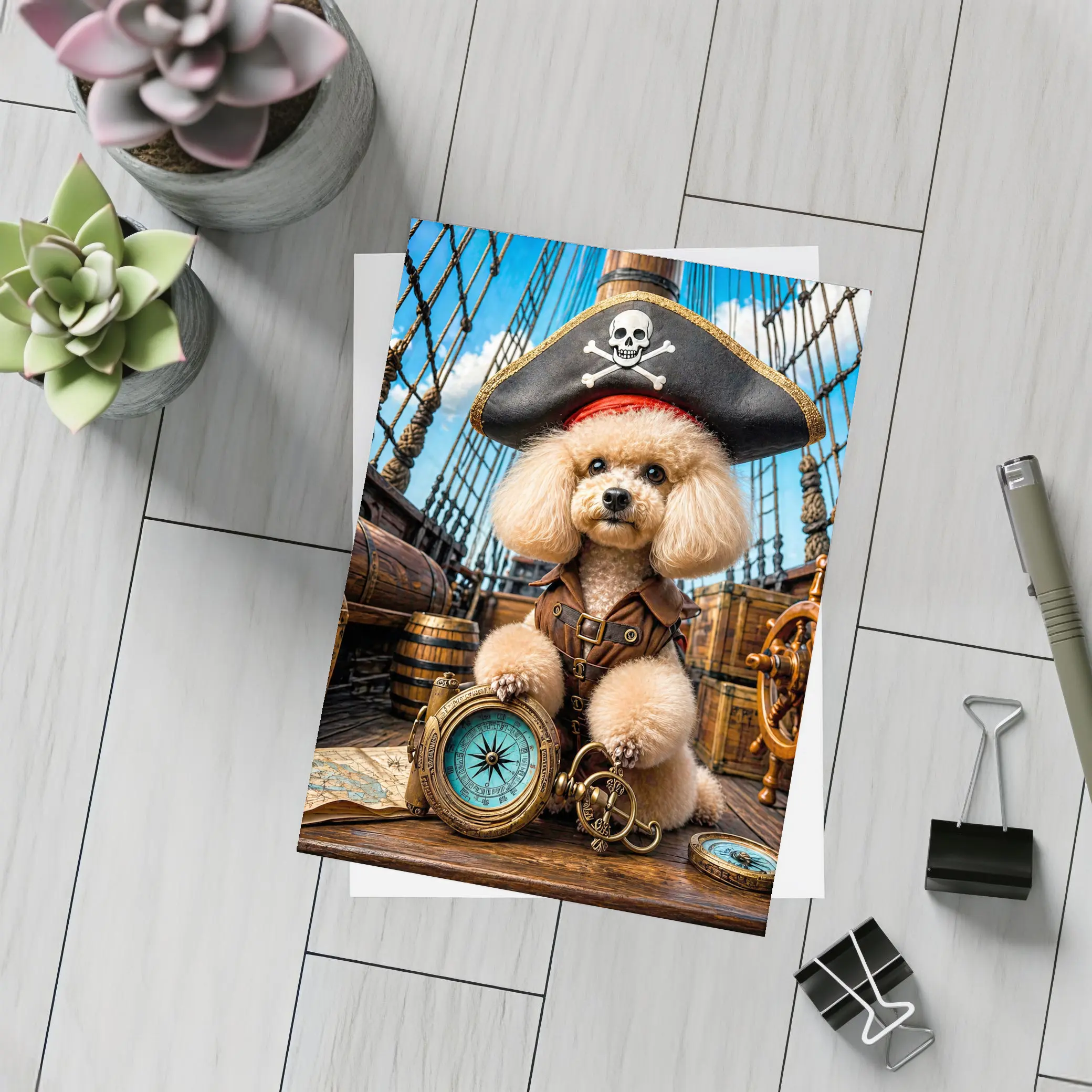 Pirate Poodle Captain on Wooden Ship – Postcards