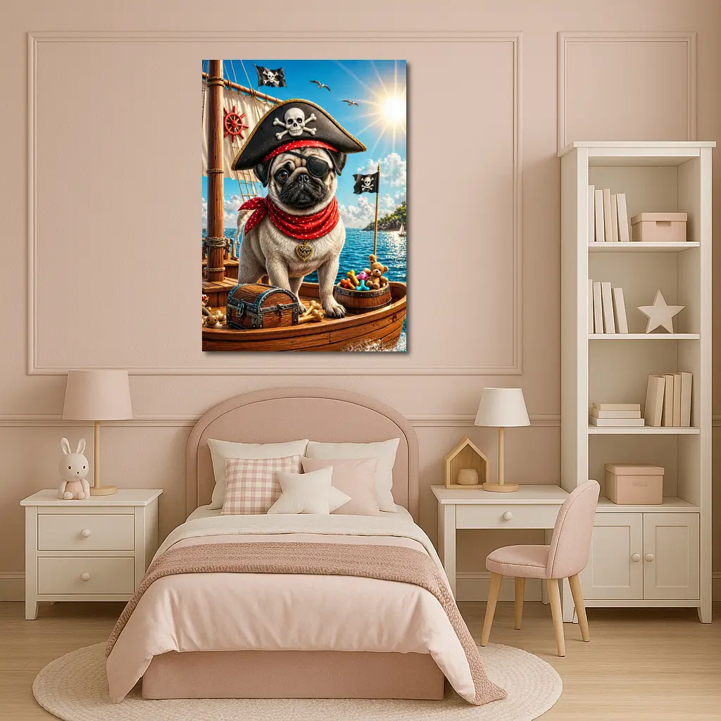 Pirate Pug Dog on Adventure Ship – Wall Art