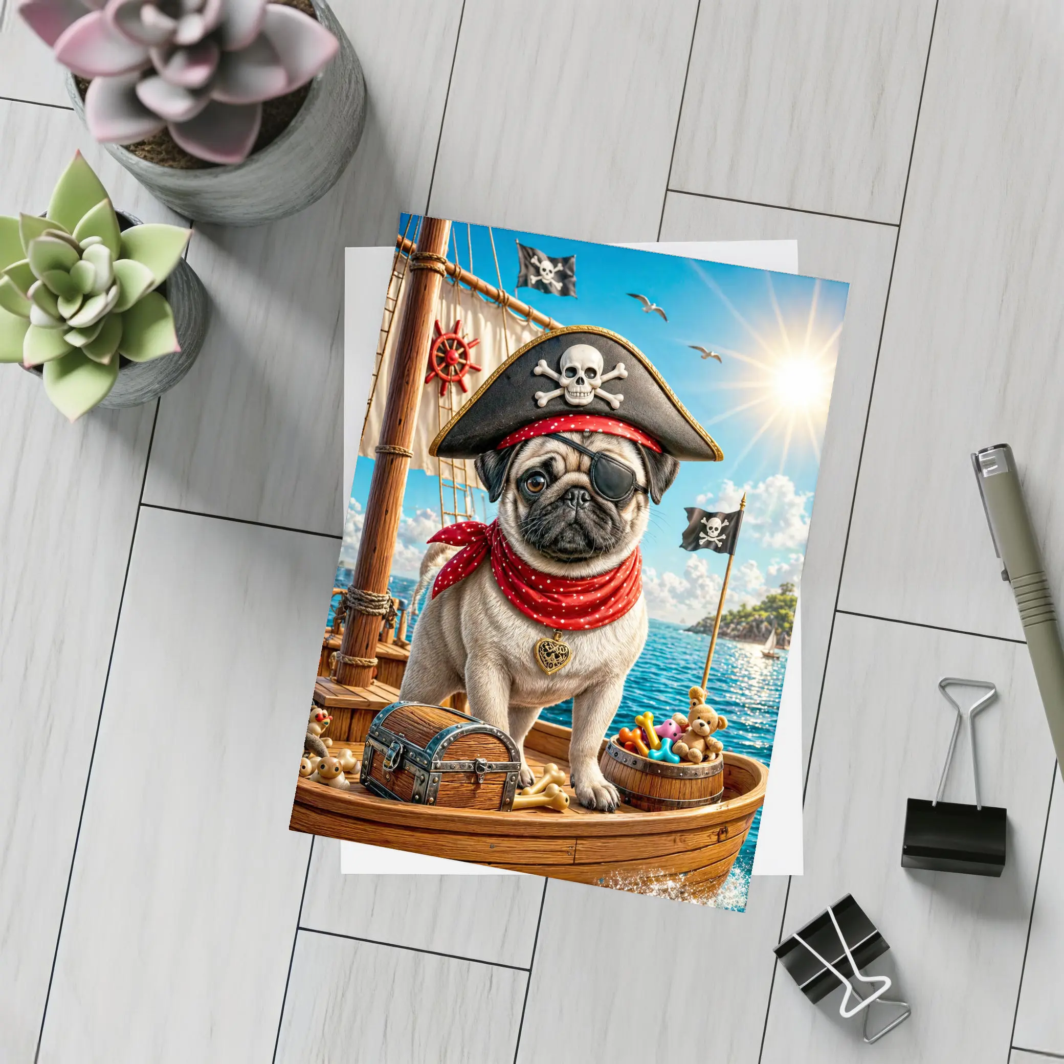 Pirate Pug Dog on Adventure Ship – Postcards