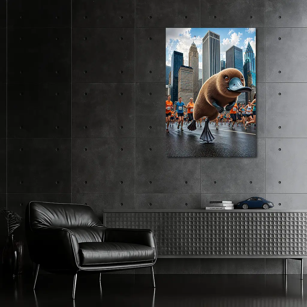 Platypus Running City Marathon Skyscrapers Background – Wall Art
