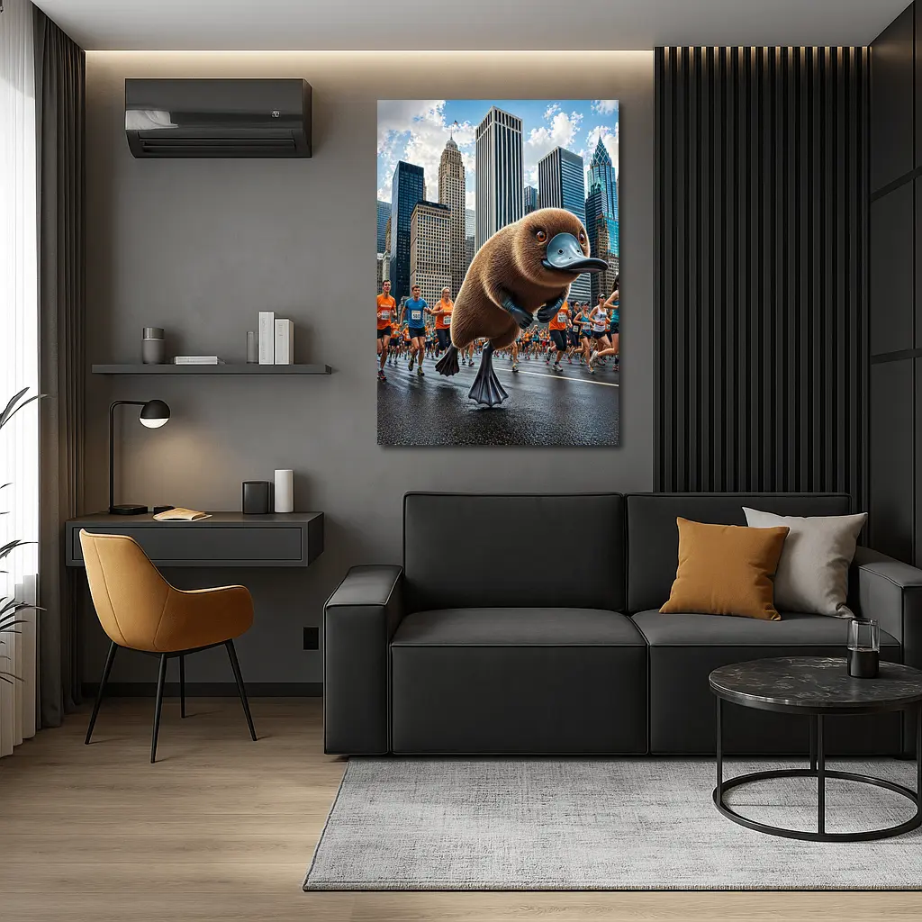 Platypus Running City Marathon Skyscrapers Background – Wall Art