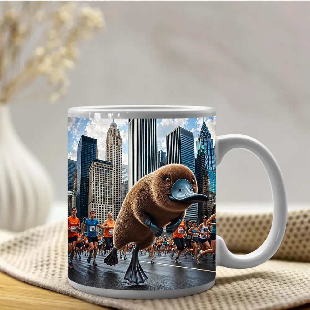 Platypus Running City Marathon Skyscrapers Background – Mugs