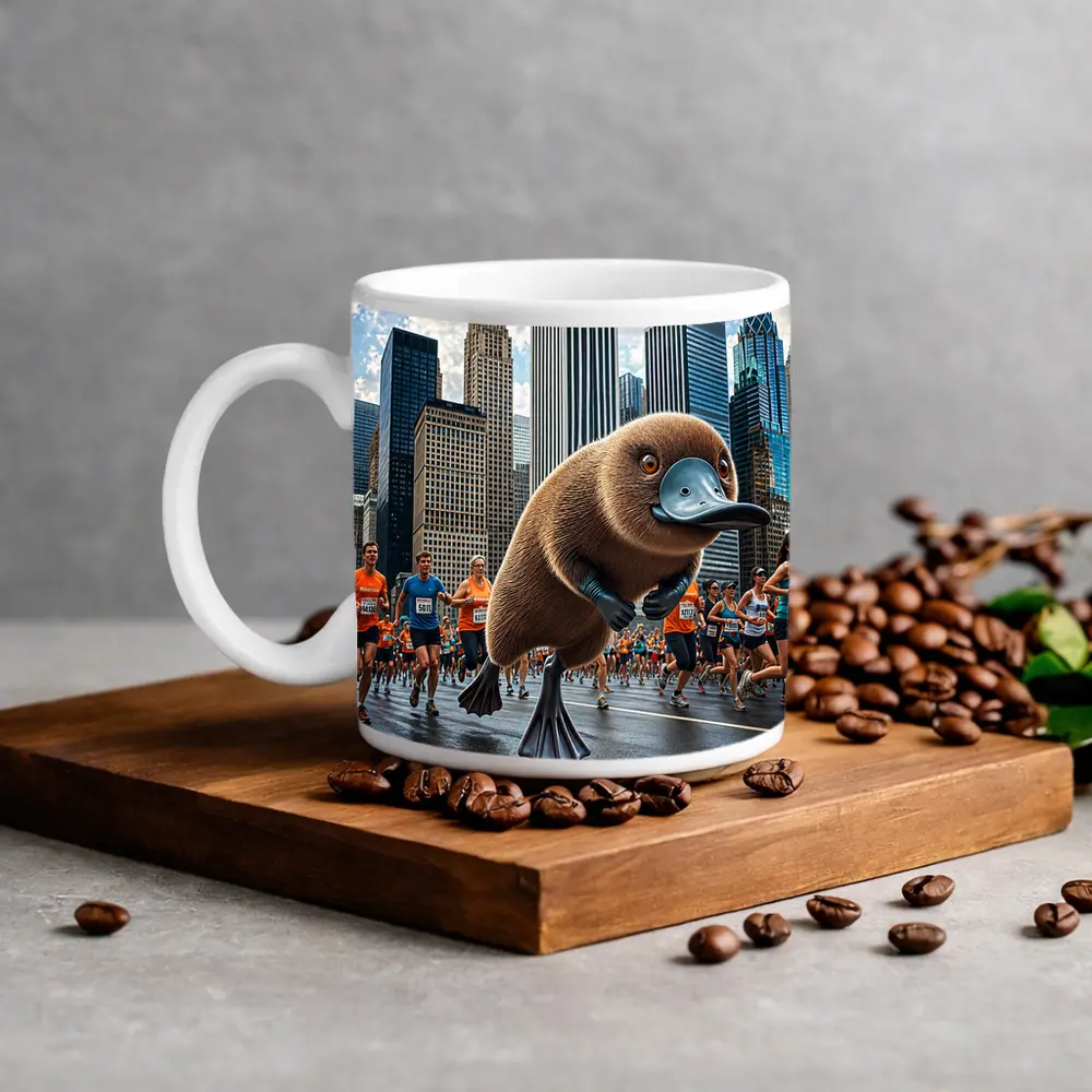 Platypus Running City Marathon Skyscrapers Background – Mugs