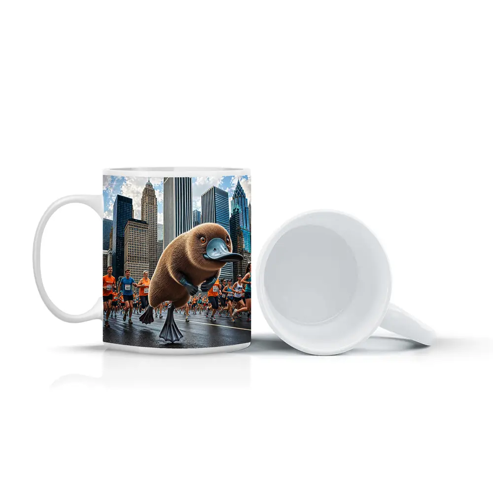 Platypus Running City Marathon Skyscrapers Background – Mugs