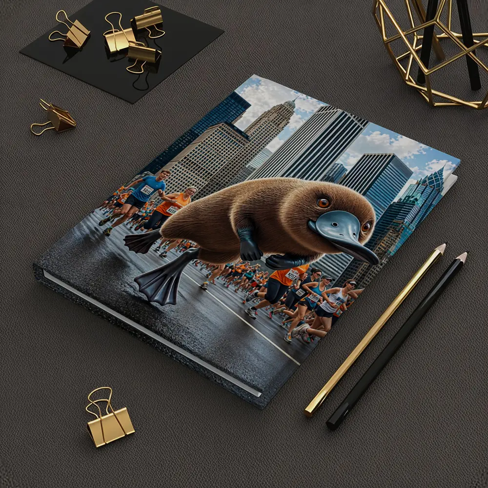 Platypus Running City Marathon Skyscrapers Background – Notebooks