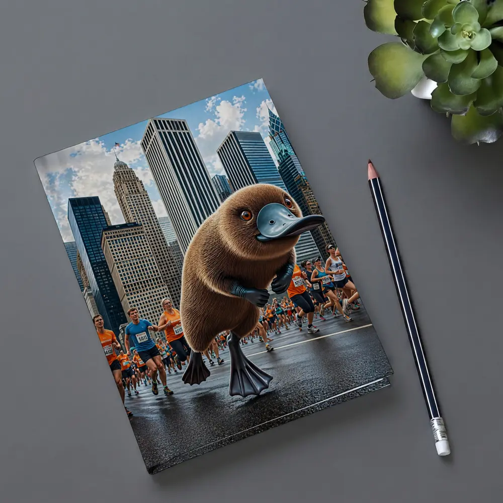 Platypus Running City Marathon Skyscrapers Background – Notebooks