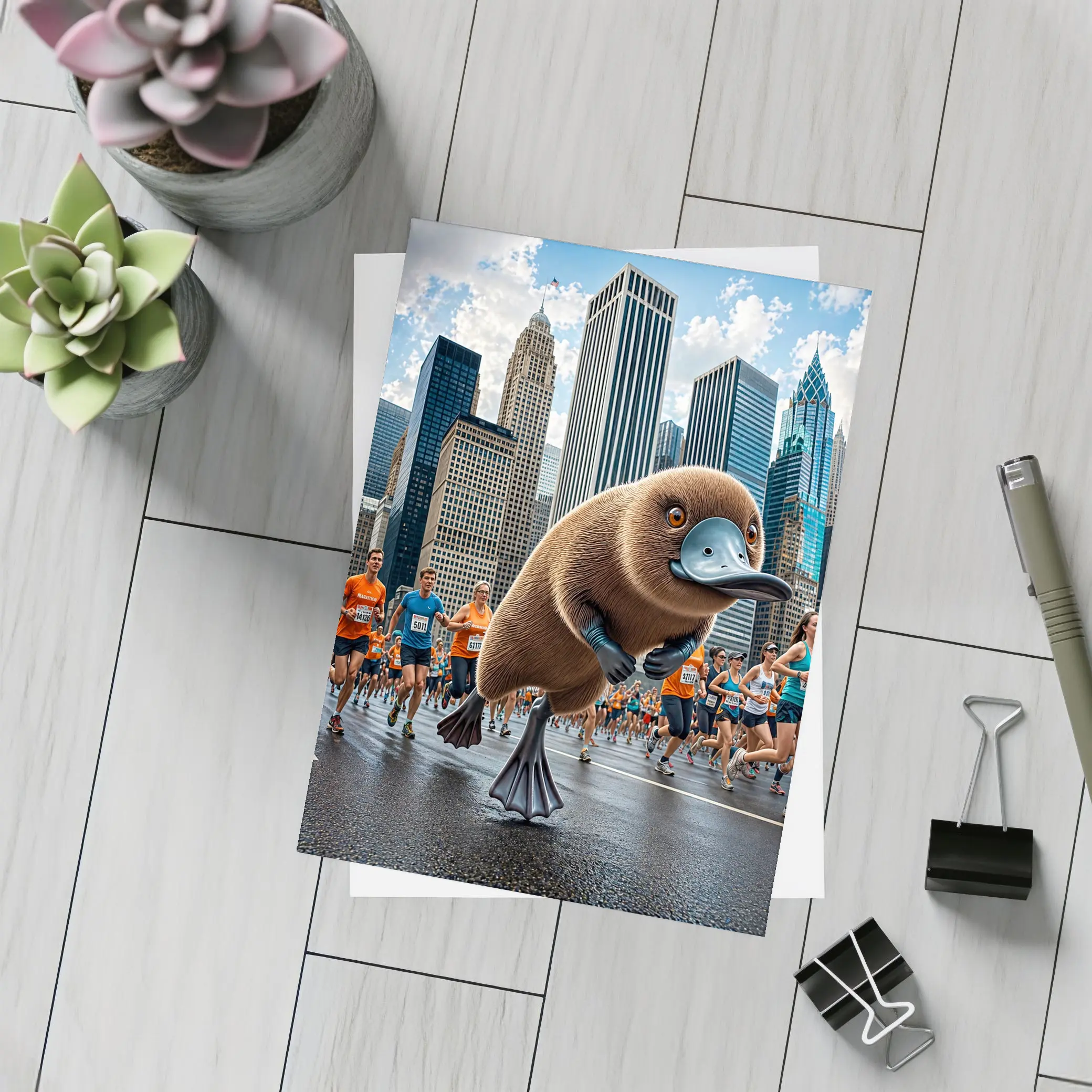 Platypus Running City Marathon Skyscrapers Background – Postcards