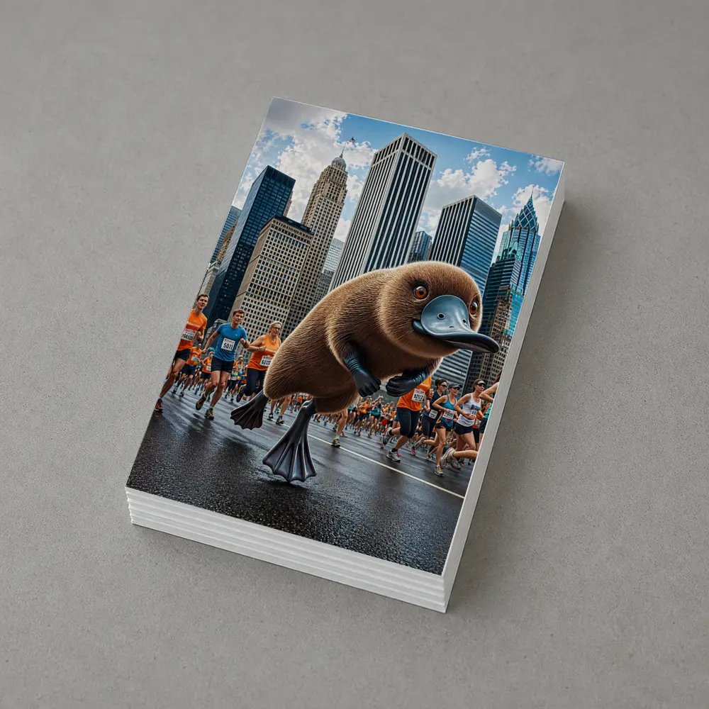 Platypus Running City Marathon Skyscrapers Background – Postcards