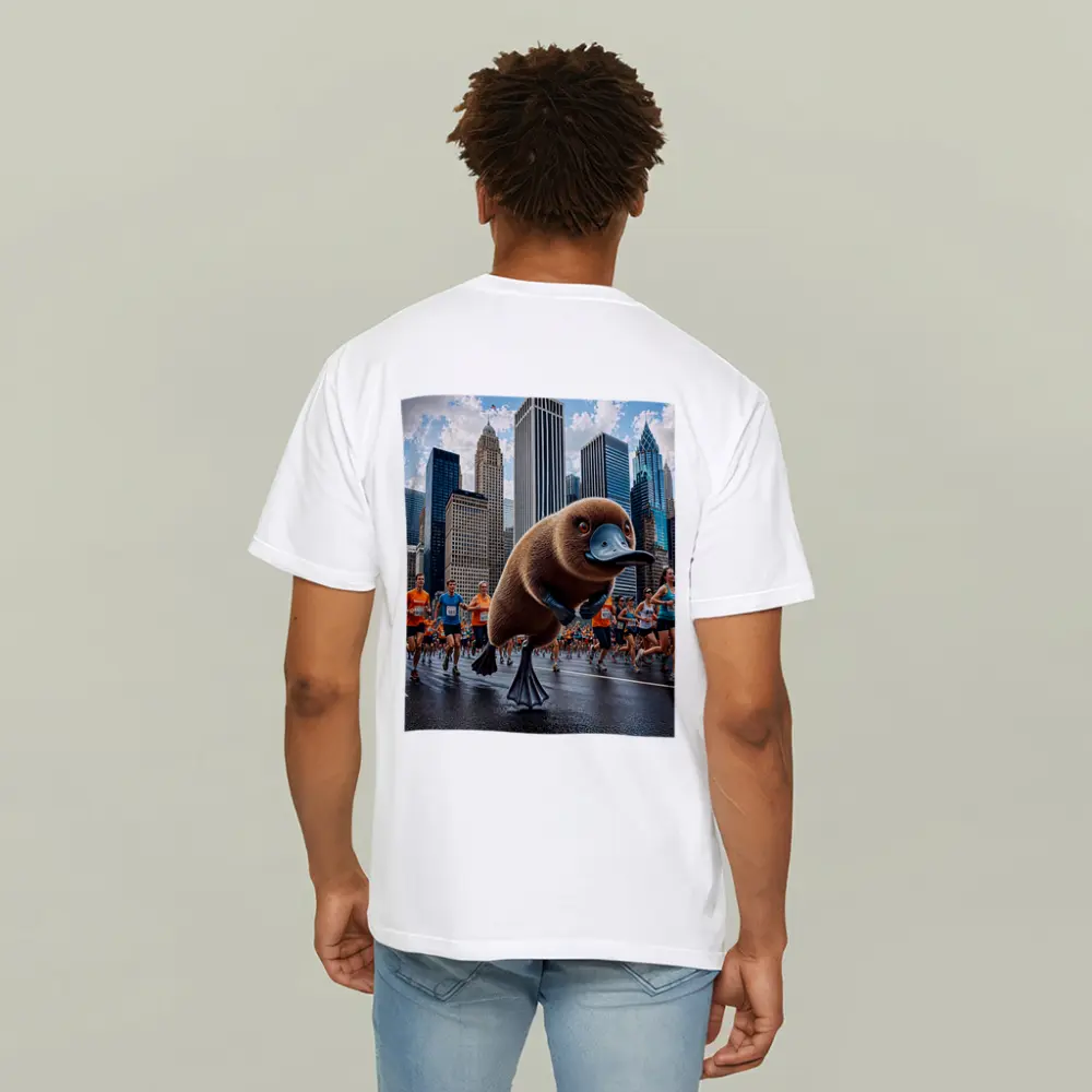 Platypus Running City Marathon Skyscrapers Background – T-Shirts