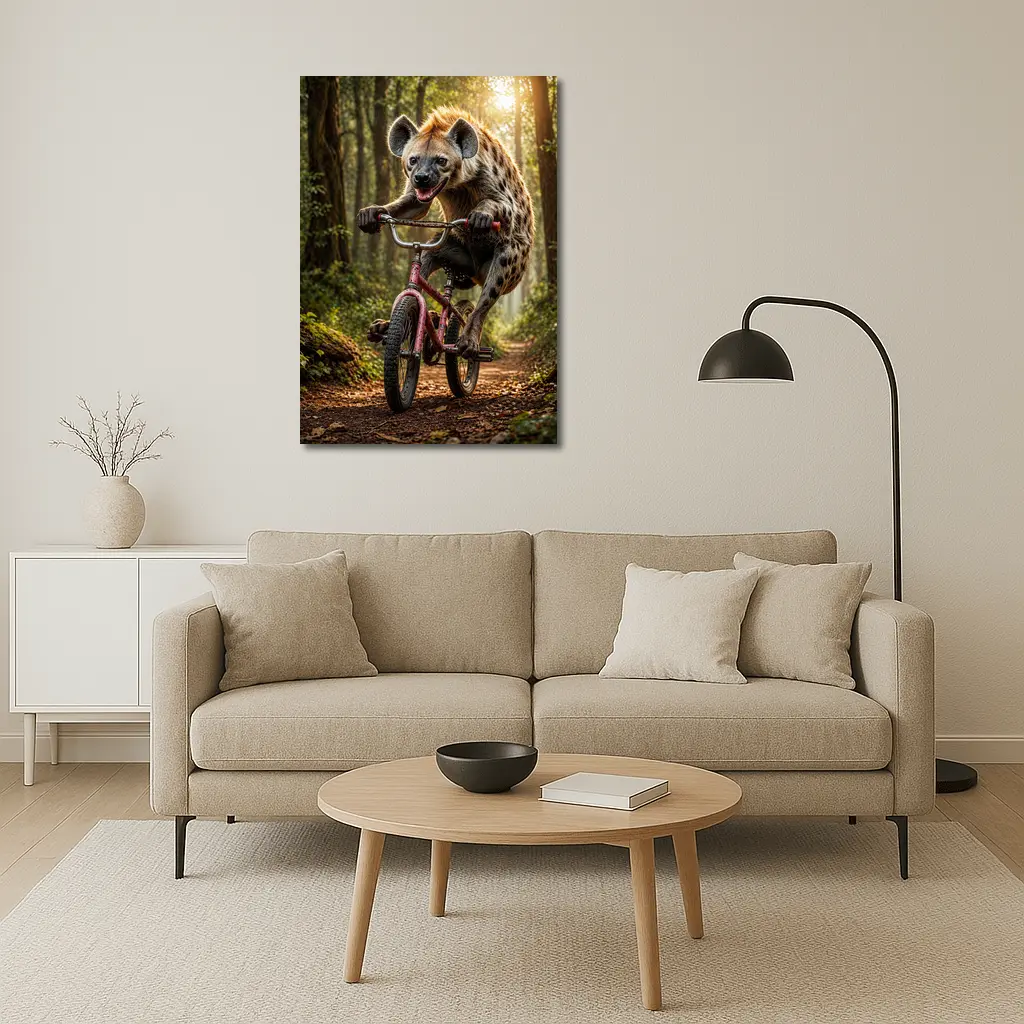 Hyena Riding Bicycle Through Forest Path – Wall Art