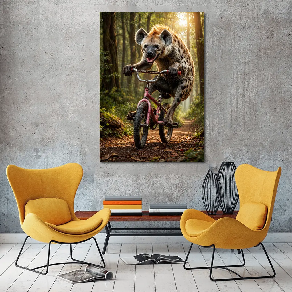 Hyena Riding Bicycle Through Forest Path – Wall Art
