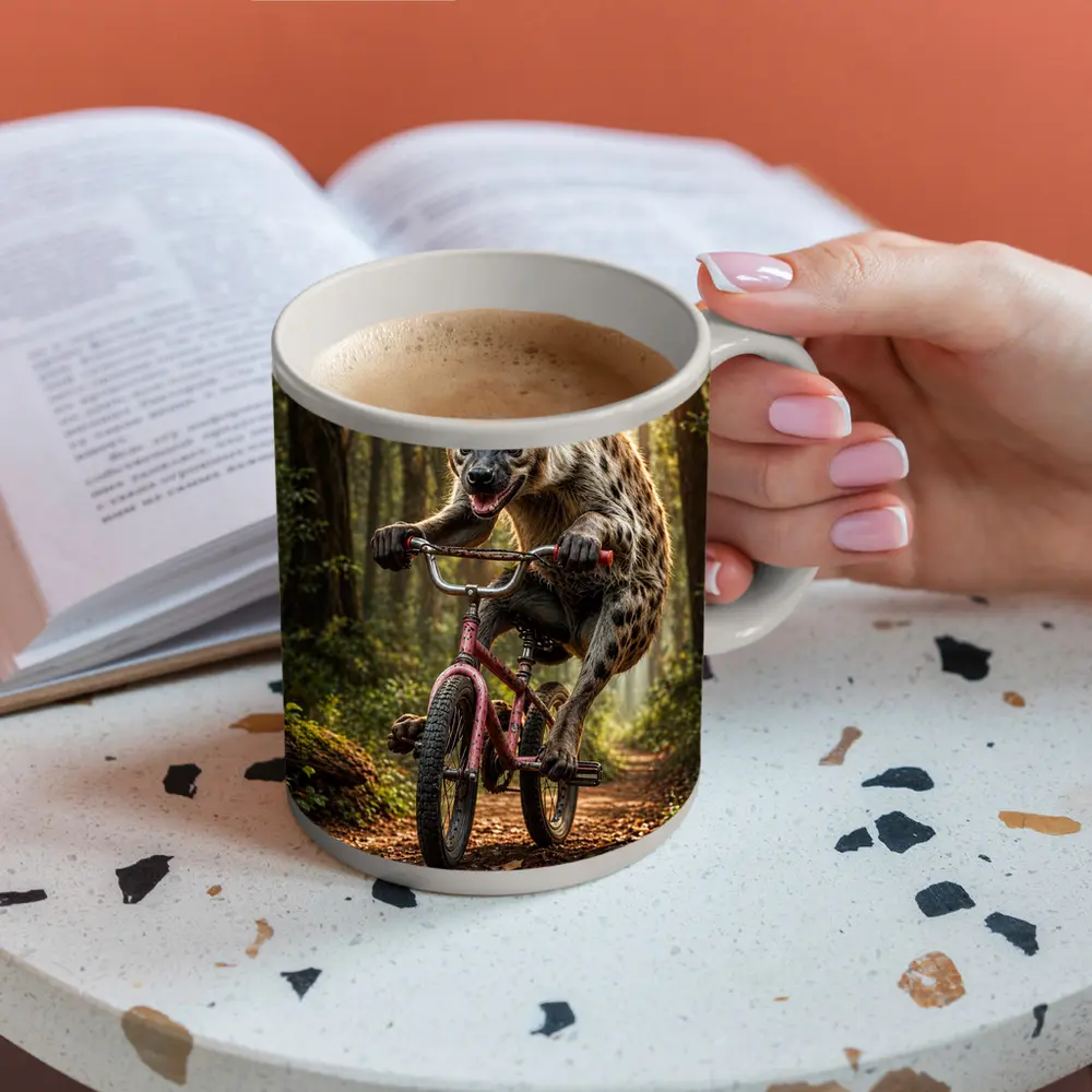 Hyena Riding Bicycle Through Forest Path – Mugs