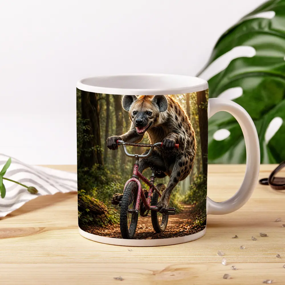 Hyena Riding Bicycle Through Forest Path – Mugs