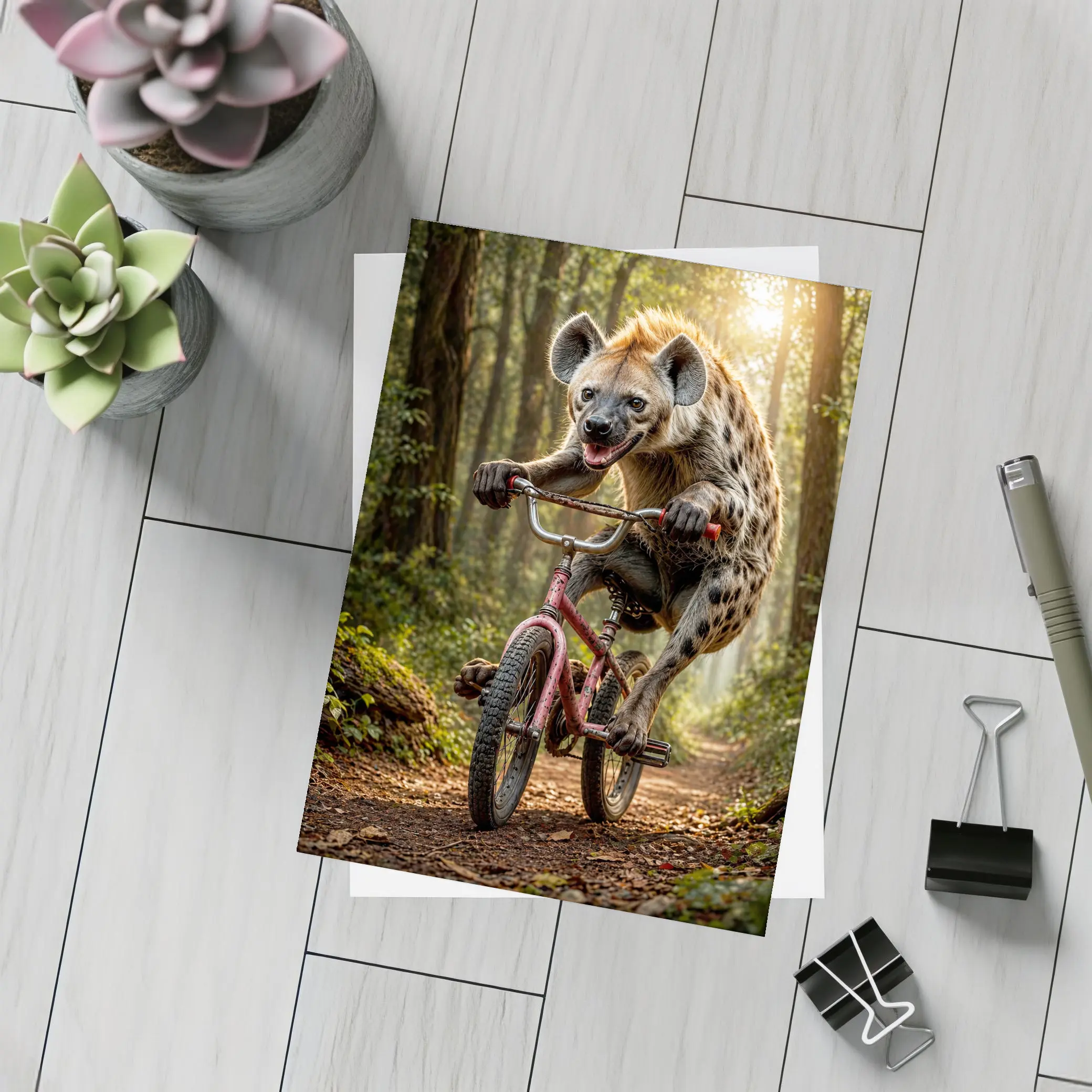 Hyena Riding Bicycle Through Forest Path – Postcards