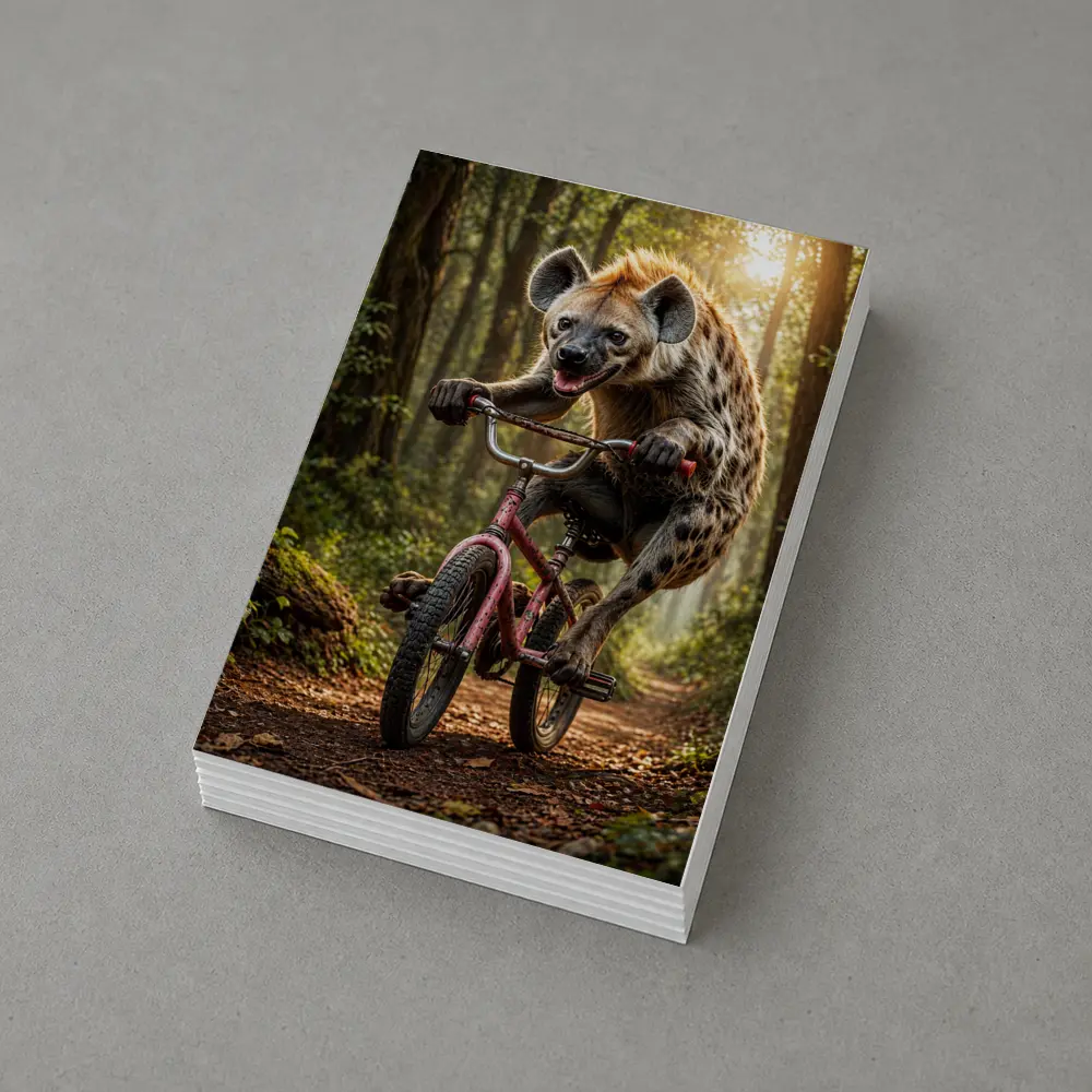 Hyena Riding Bicycle Through Forest Path – Postcards