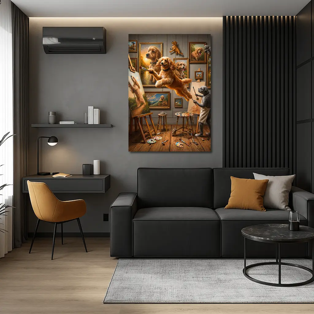 Goldendoodle Artist Painting in Studio Gallery – Wall Art