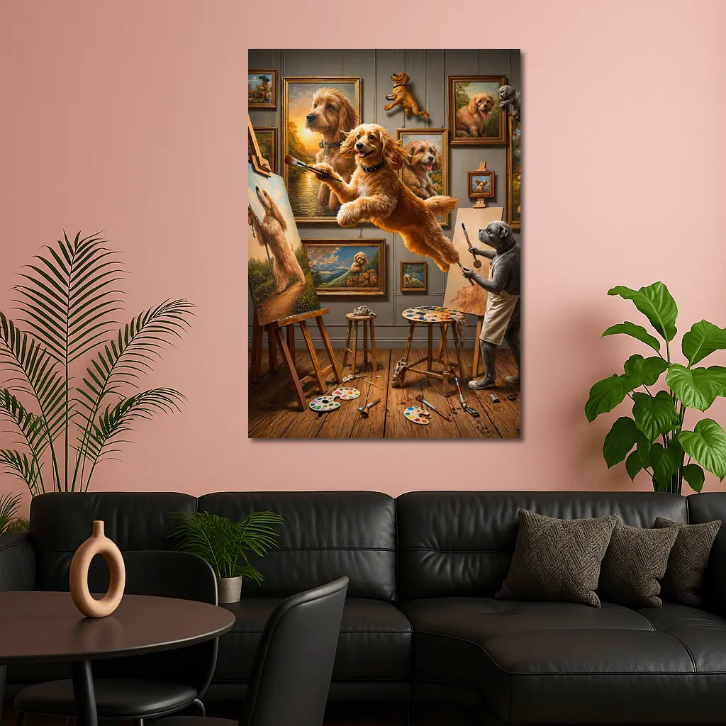 Goldendoodle Artist Painting in Studio Gallery – Wall Art