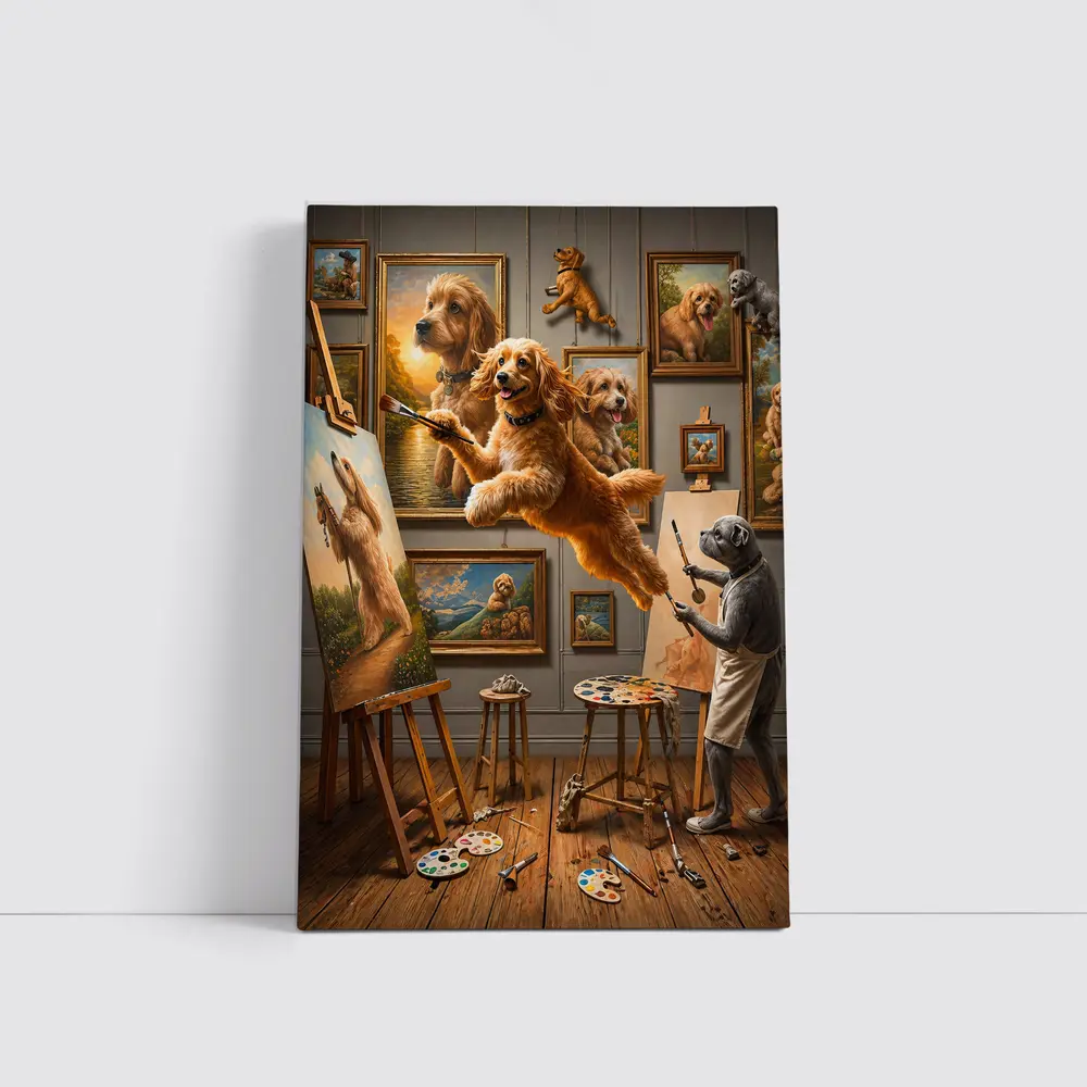 Goldendoodle Artist Painting in Studio Gallery – Wall Art