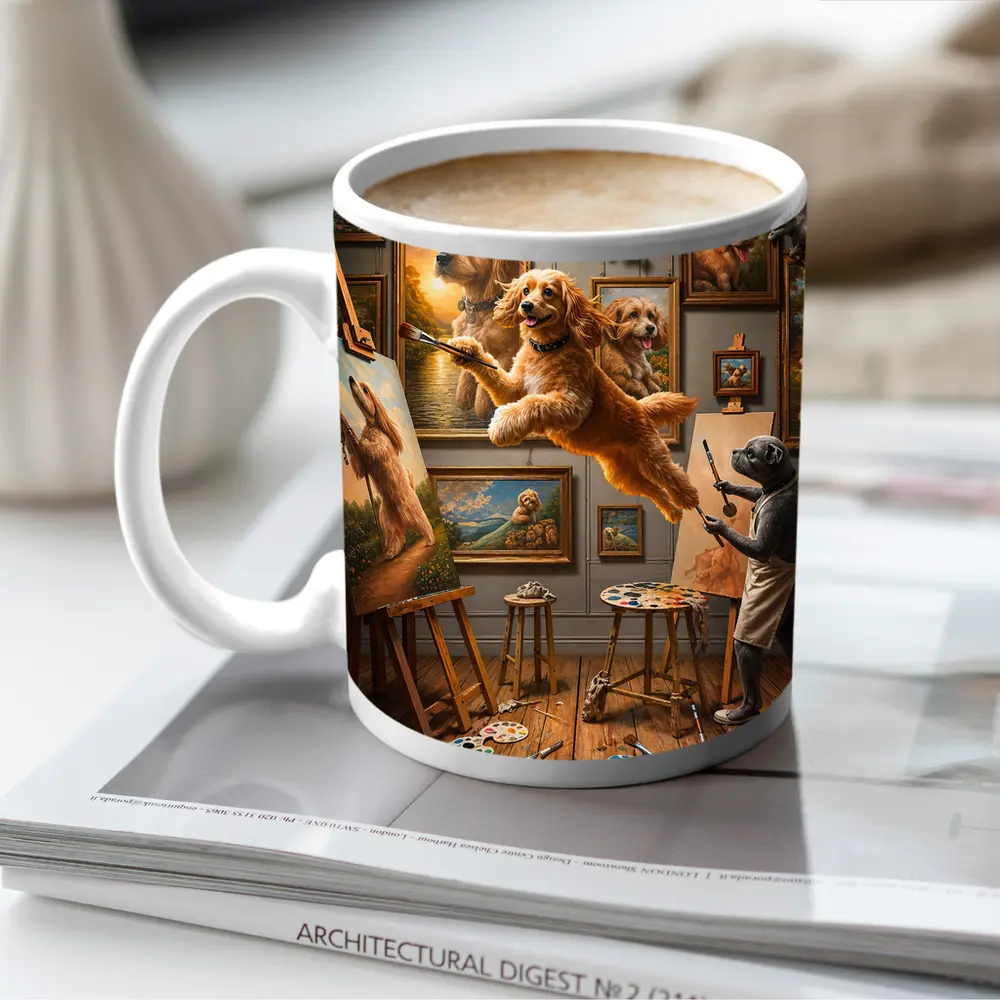 Goldendoodle Artist Painting in Studio Gallery – Mugs