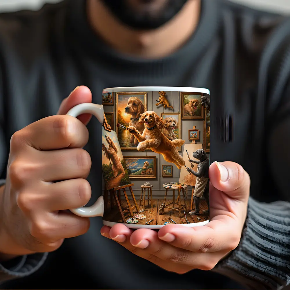 Goldendoodle Artist Painting in Studio Gallery – Mugs