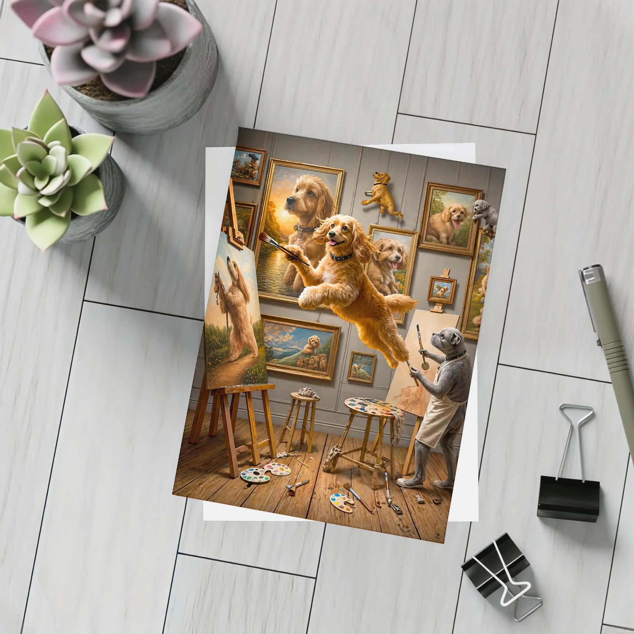 Goldendoodle Artist Painting in Studio Gallery – Postcards