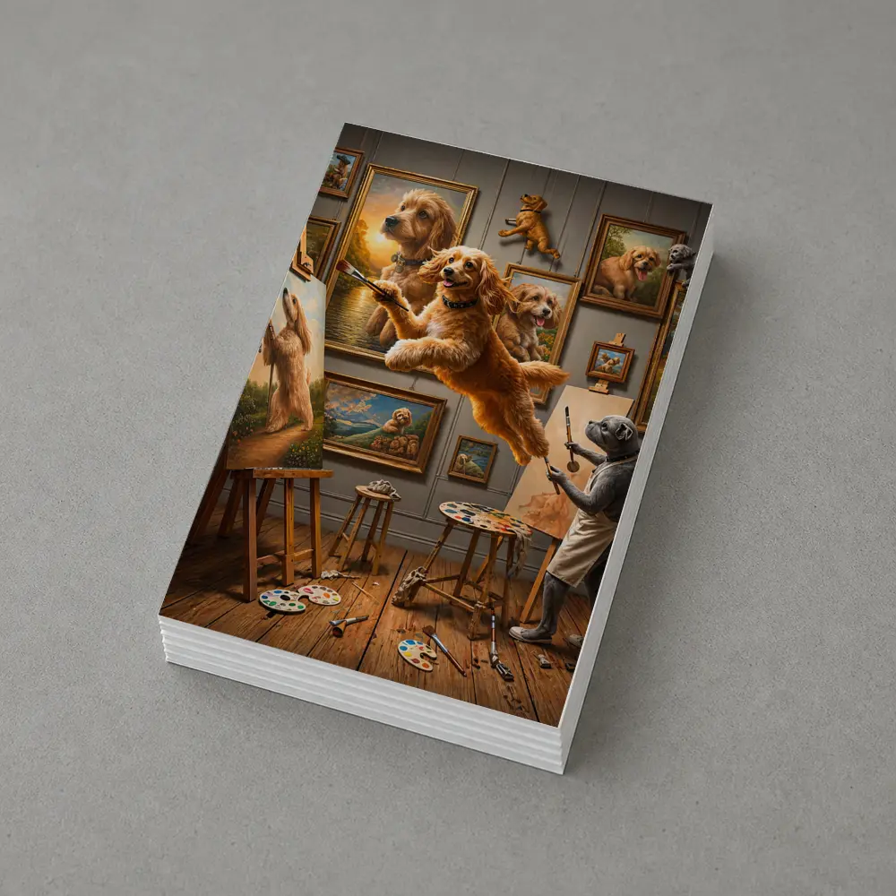 Goldendoodle Artist Painting in Studio Gallery – Postcards