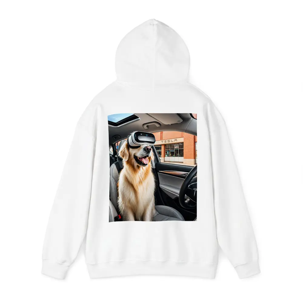 Golden Retriever Wearing VR Headset Tesla Interior – Hoodies