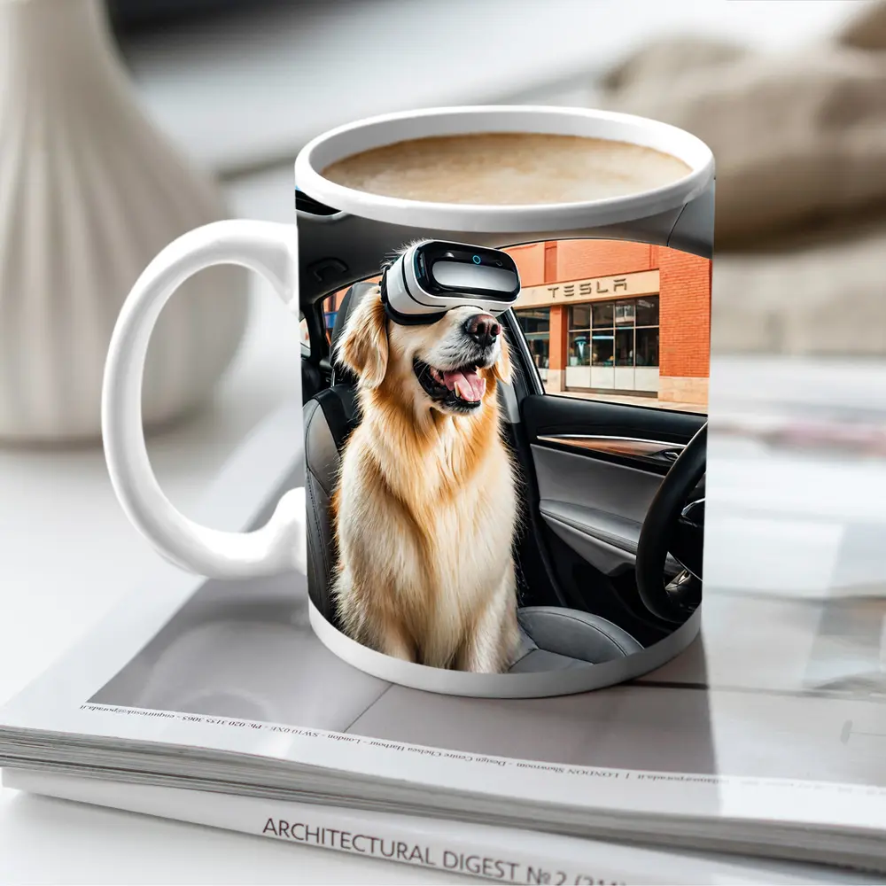 Golden Retriever Wearing VR Headset Tesla Interior – Mugs
