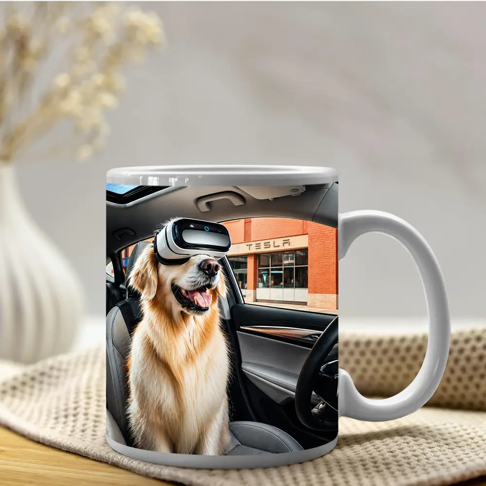 Golden Retriever Wearing VR Headset Tesla Interior – Mugs