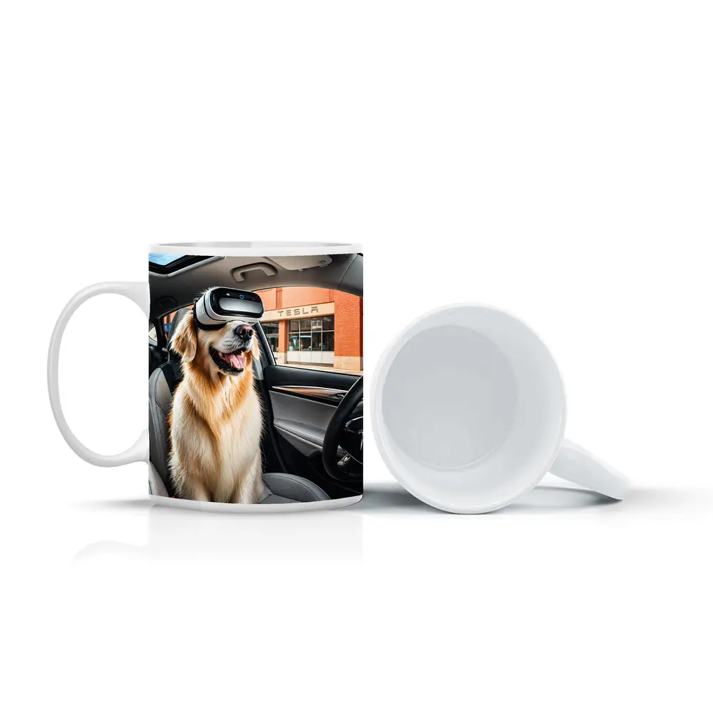 Golden Retriever Wearing VR Headset Tesla Interior – Mugs