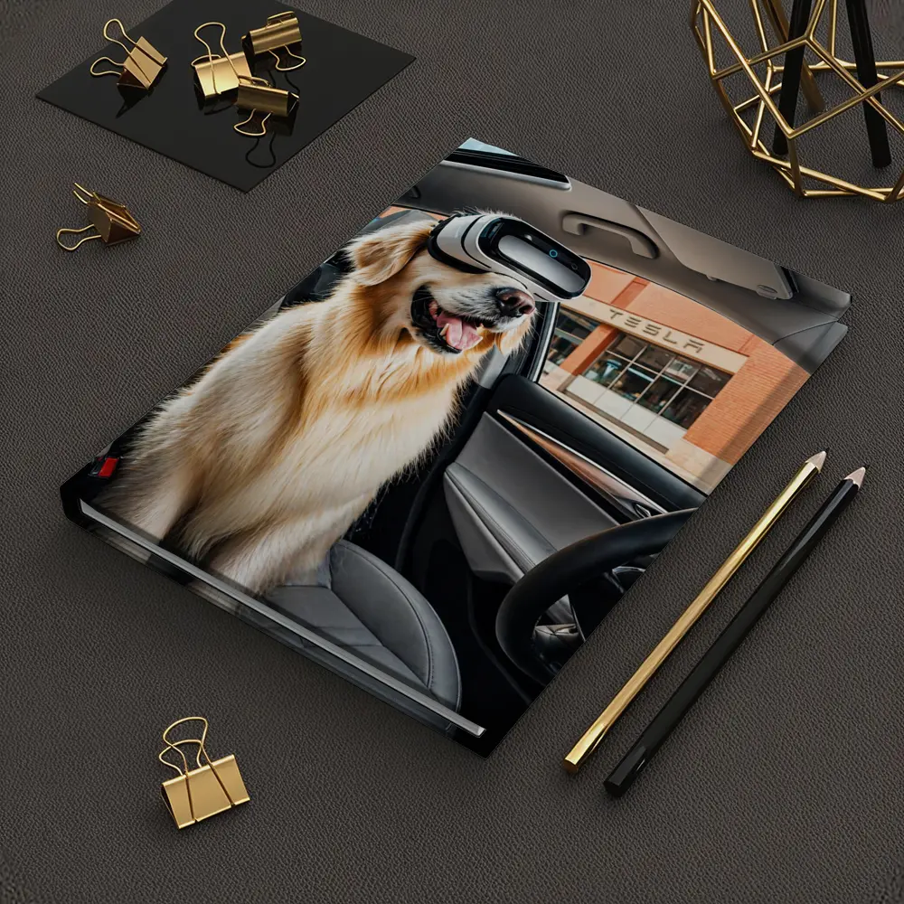 Golden Retriever Wearing VR Headset Tesla Interior – Notebooks