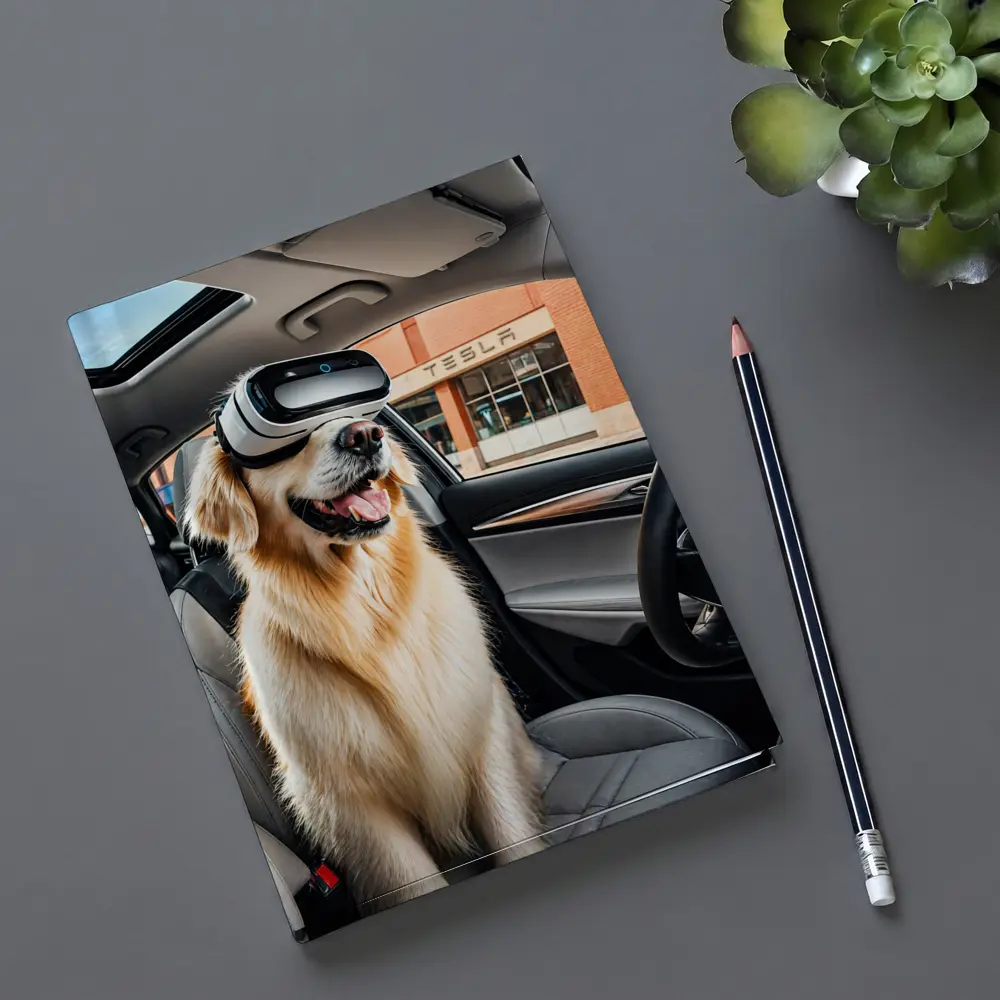 Golden Retriever Wearing VR Headset Tesla Interior – Notebooks