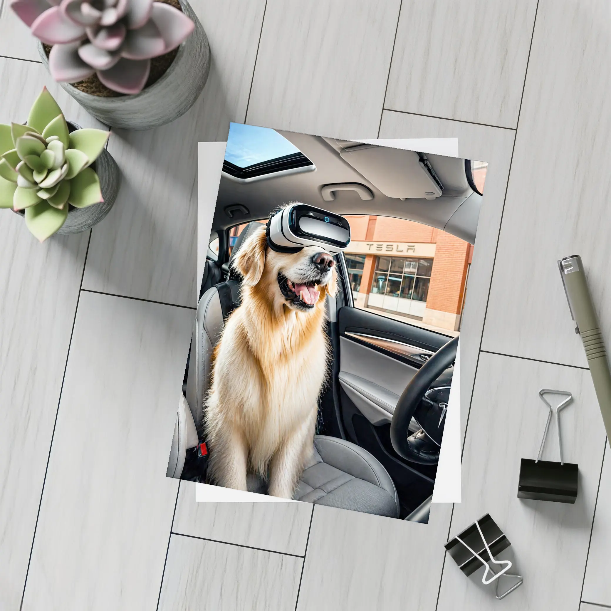 Golden Retriever Wearing VR Headset Tesla Interior – Postcards