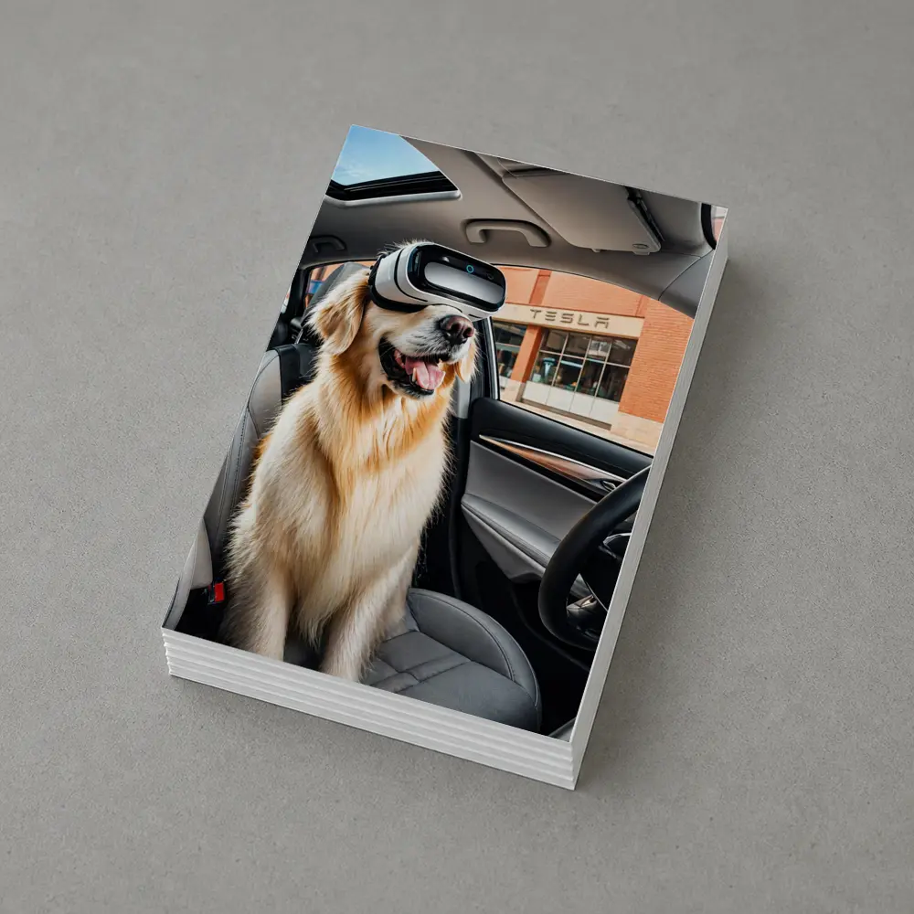 Golden Retriever Wearing VR Headset Tesla Interior – Postcards