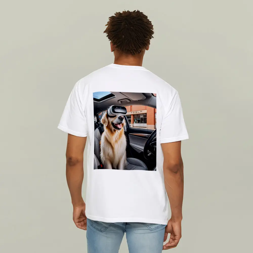 Golden Retriever Wearing VR Headset Tesla Interior – T-Shirts