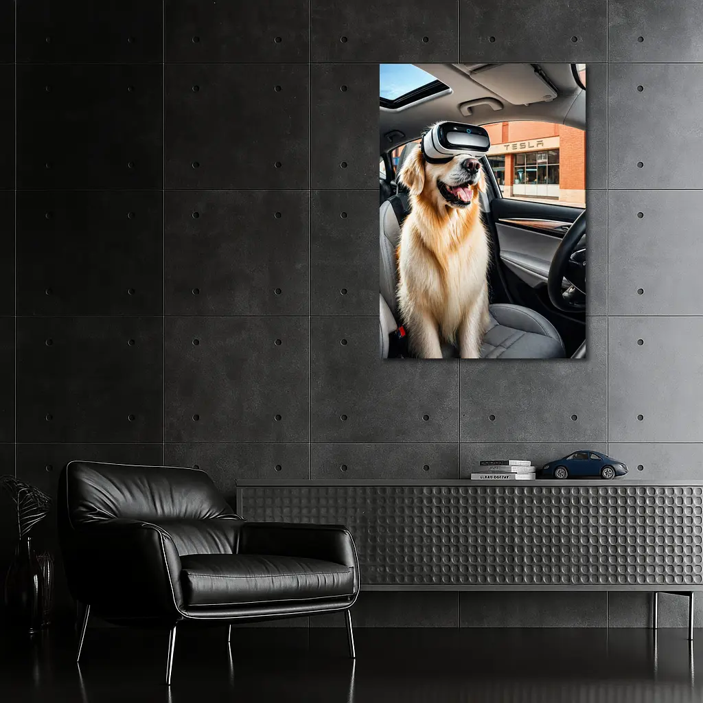 Golden Retriever Wearing VR Headset Tesla Interior – Wall Art