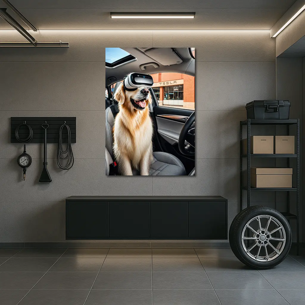 Golden Retriever Wearing VR Headset Tesla Interior – Wall Art