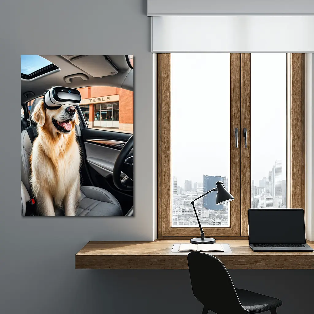 Golden Retriever Wearing VR Headset Tesla Interior – Wall Art